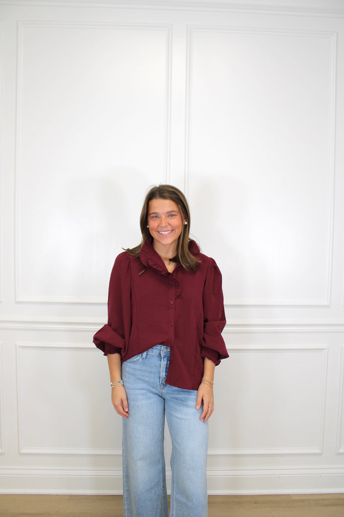 Crimson Ruffle Blouse Clothing Peacocks & Pearls Owensboro