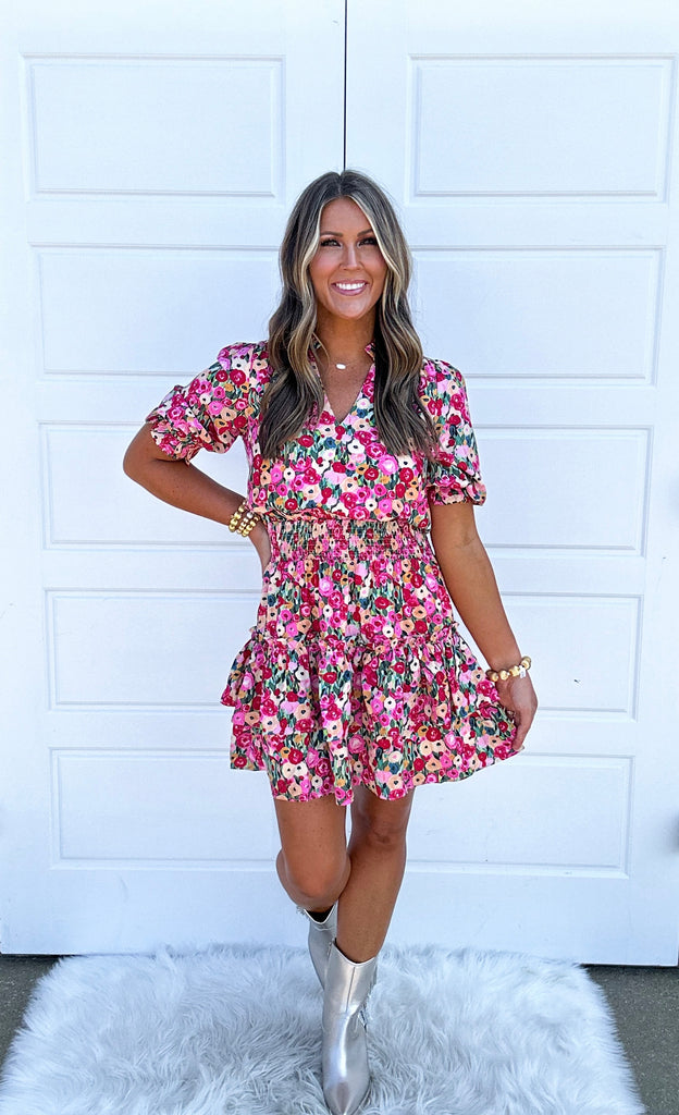 Monet Cinched Waist Dress Clothing Joy Joy Multi XS 