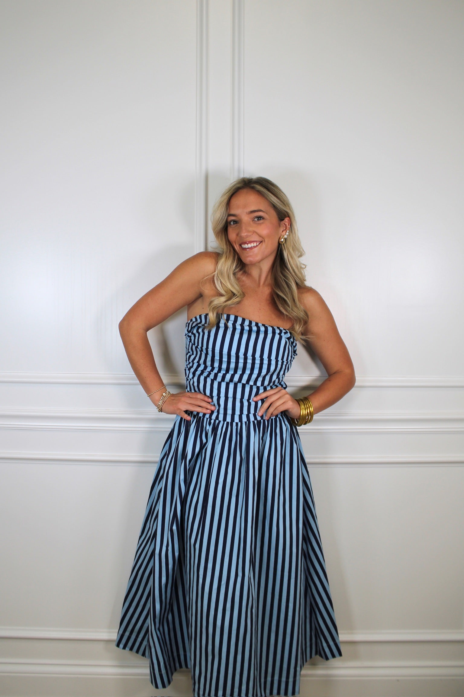 blue and white striped cocktail dress Bow Detail Striped Ruffle Dress Blue White