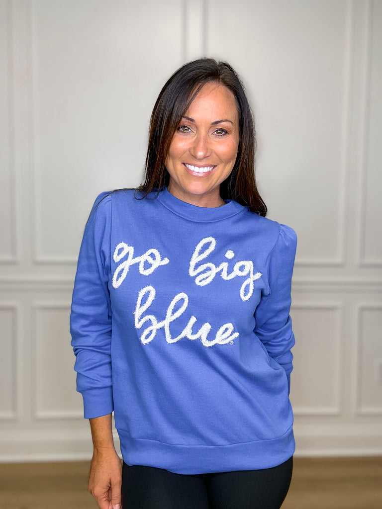 Go Big Blue Glitter Script Top Sale Peacocks & Pearls Blue XS