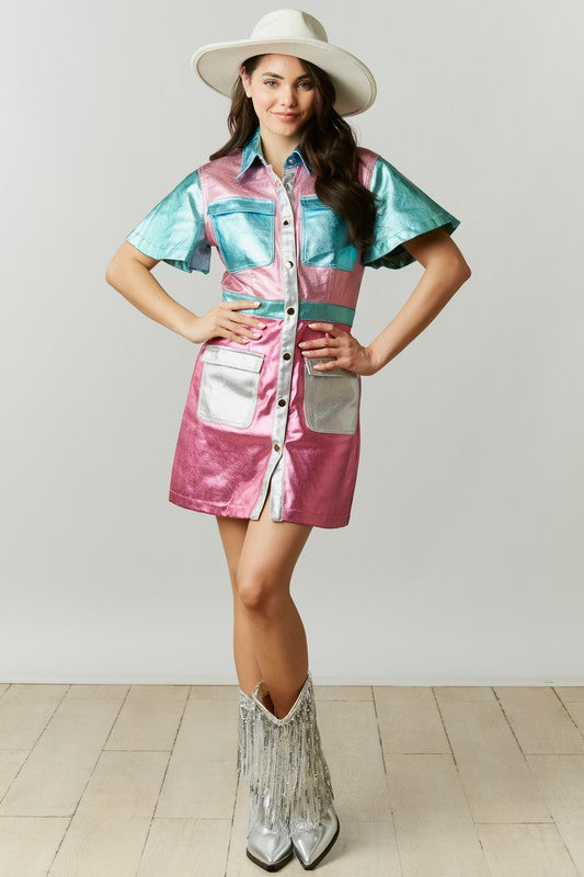 Metallic Colorblock Dress Clothing Peacocks & Pearls   