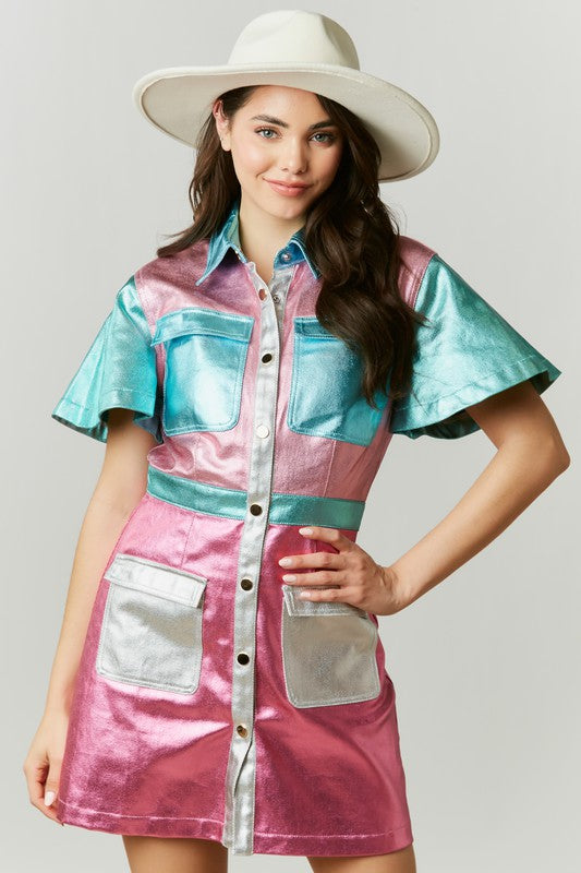Metallic Colorblock Dress Clothing Peacocks & Pearls   