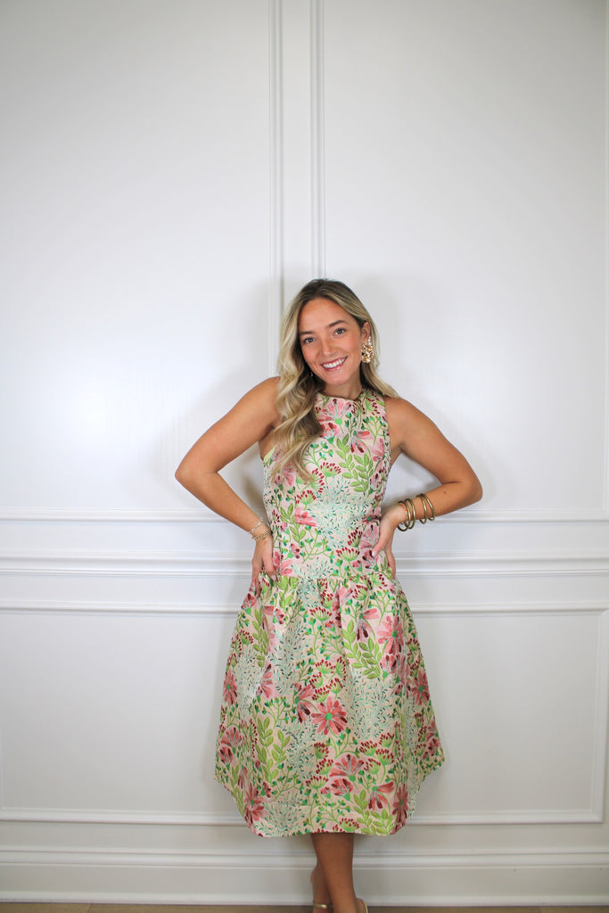 gala midi dress Garden Cream / L Size:X-LARGE ethically made wedding dress iron low if needed Cinched Dress in Stretch