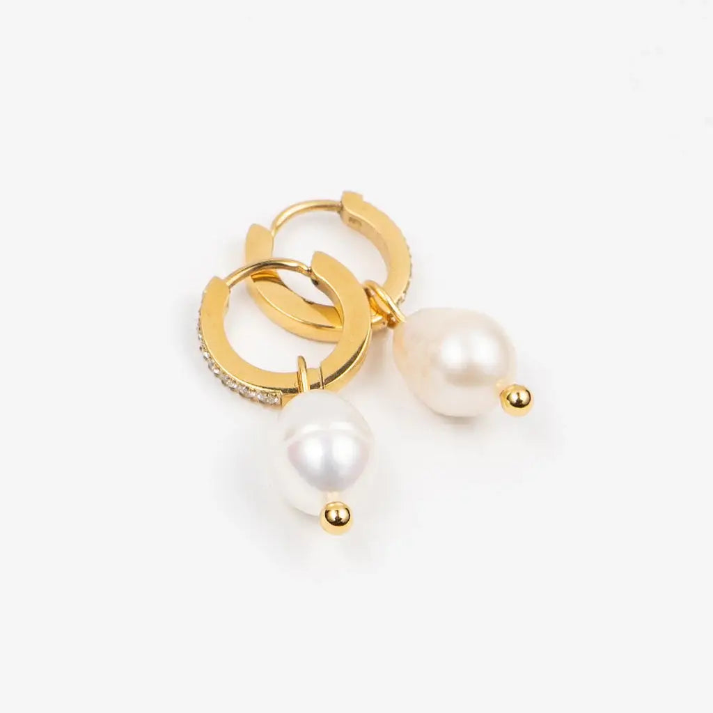 CZ Pearl Drop Huggies Jewelry Peacocks & Pearls Gold