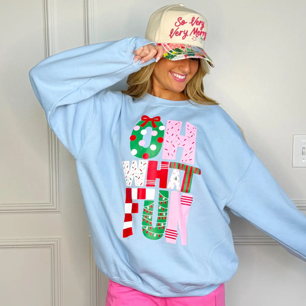 Oh What Fun Sweatshirt Clothing Peacocks & Pearls Light Blue M