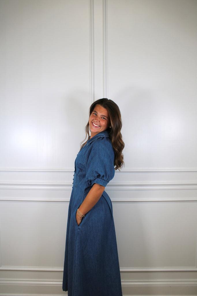denim and pearls dress The Presley PromotionName: The Winter Event Maternity Size:3XL Navy Blue Dress with flare silhouette *Embellished with