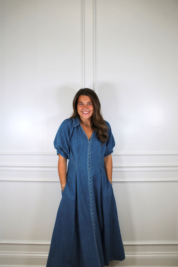 denim and pearls dress The Presley Denim / S neckline: Sweetheart Print Placement Will Vary Marie's Lite Chunky Blue Size:US 18