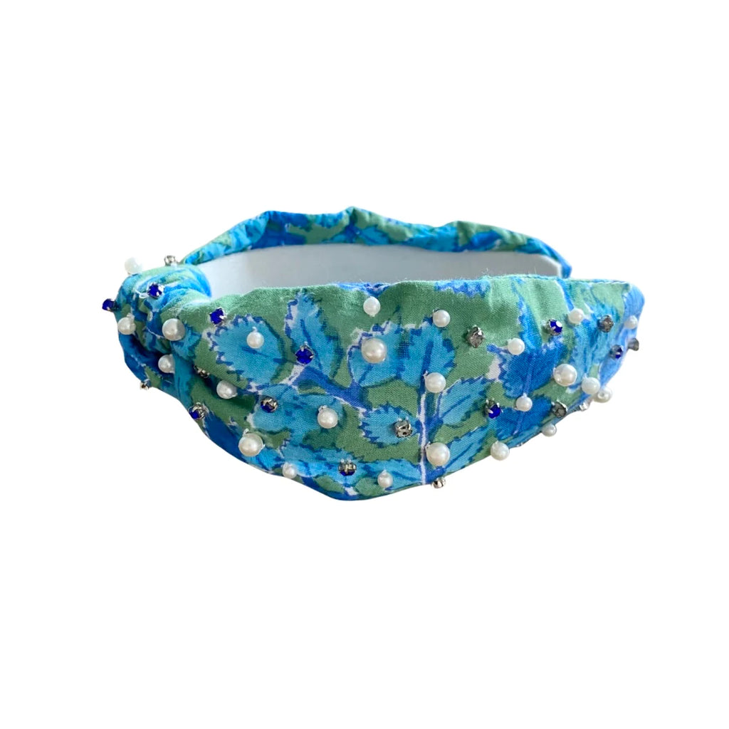 Block Print Headband with Gems Accessories Peacocks & Pearls Vineyard Blue & Green  