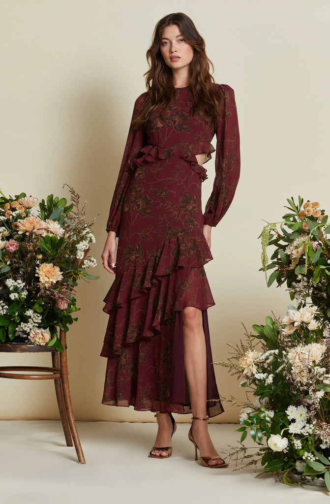 Biella Floral Maxi Sale Peacocks & Pearls Burgundy XS