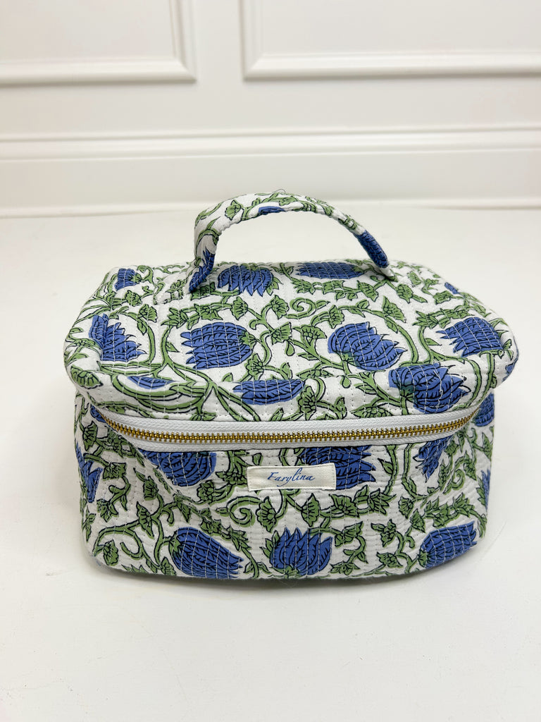 Quilted Vanity Bag Bags Peacocks & Pearls White with Blue Tulips