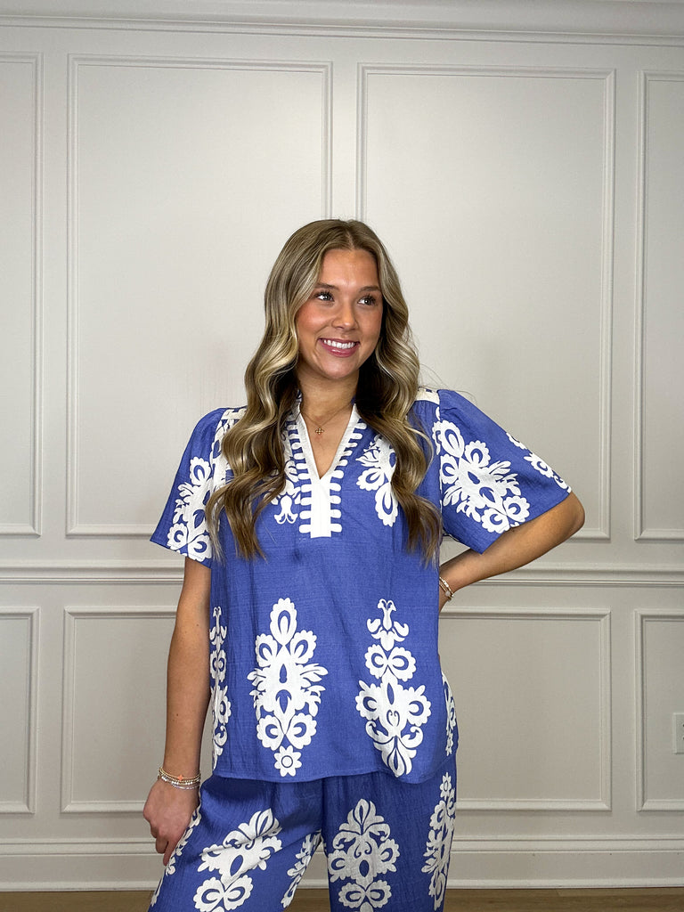 So Coastal Set Clothing Peacocks & Pearls Top Blue XS