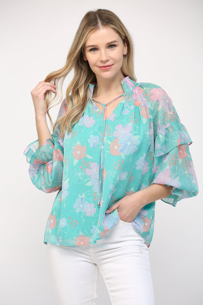 Frilly Florals Blouse Clothing Peacocks & Pearls Turquoise S 