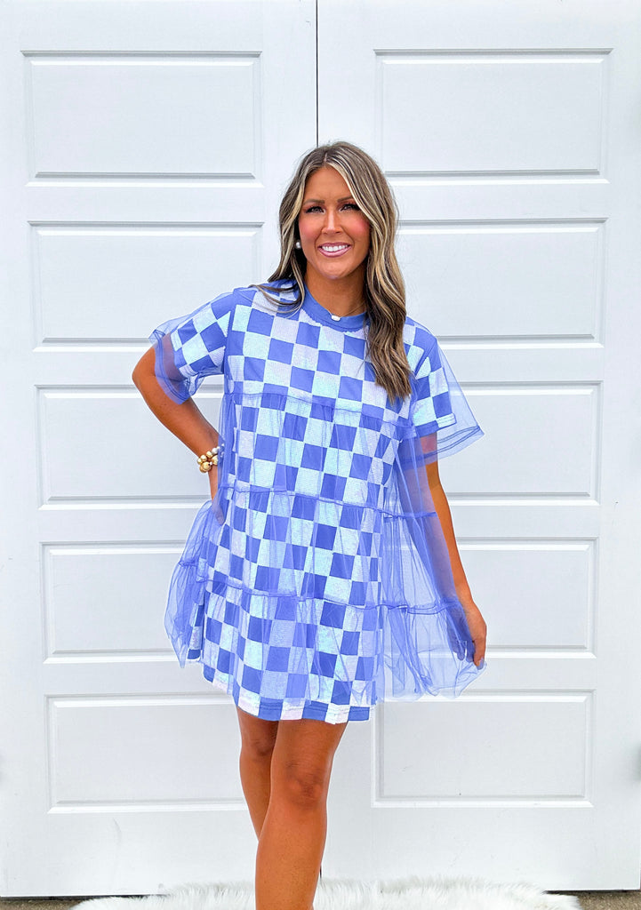 Queen of The Tailgate Checkered Mesh Tee Dress Clothing Queen of Sparkles Royal XS 