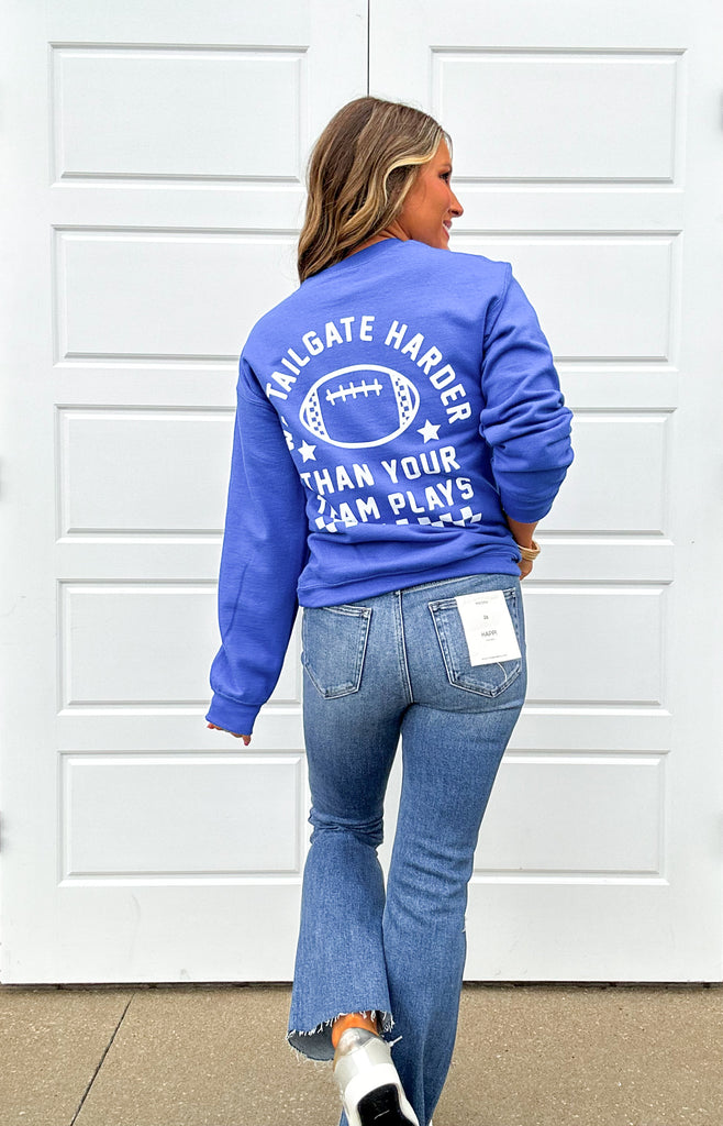 We Tailgate Harder Crewneck Clothing Peacocks & Pearls Blue S 