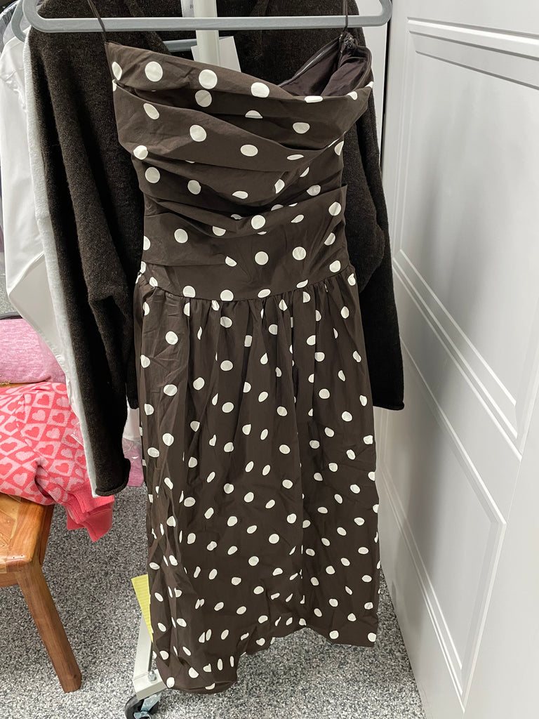 The Coco Polka Dot Midi Dress Clothing Peacocks & Pearls Brown/Ivory XS