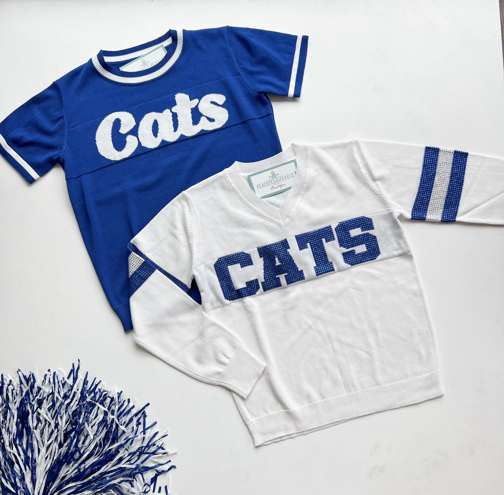 Big Blue CATS Short Sleeve Sweater Clothing Peacocks & Pearls   