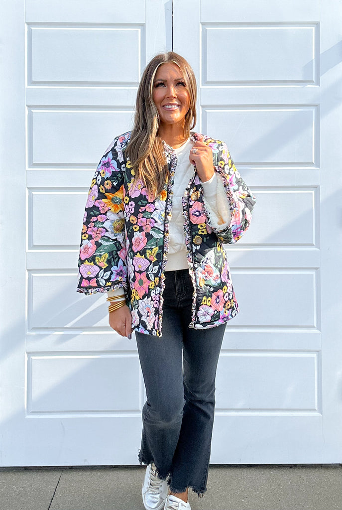 Cottage Floral Quilted Jacket Clothing Peacocks & Pearls Pink Mix S 