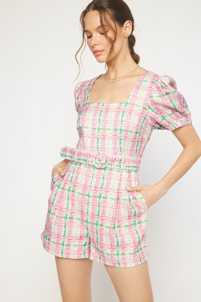 Pretty in Plaid Romper Clothing Peacocks & Pearls Pink S 