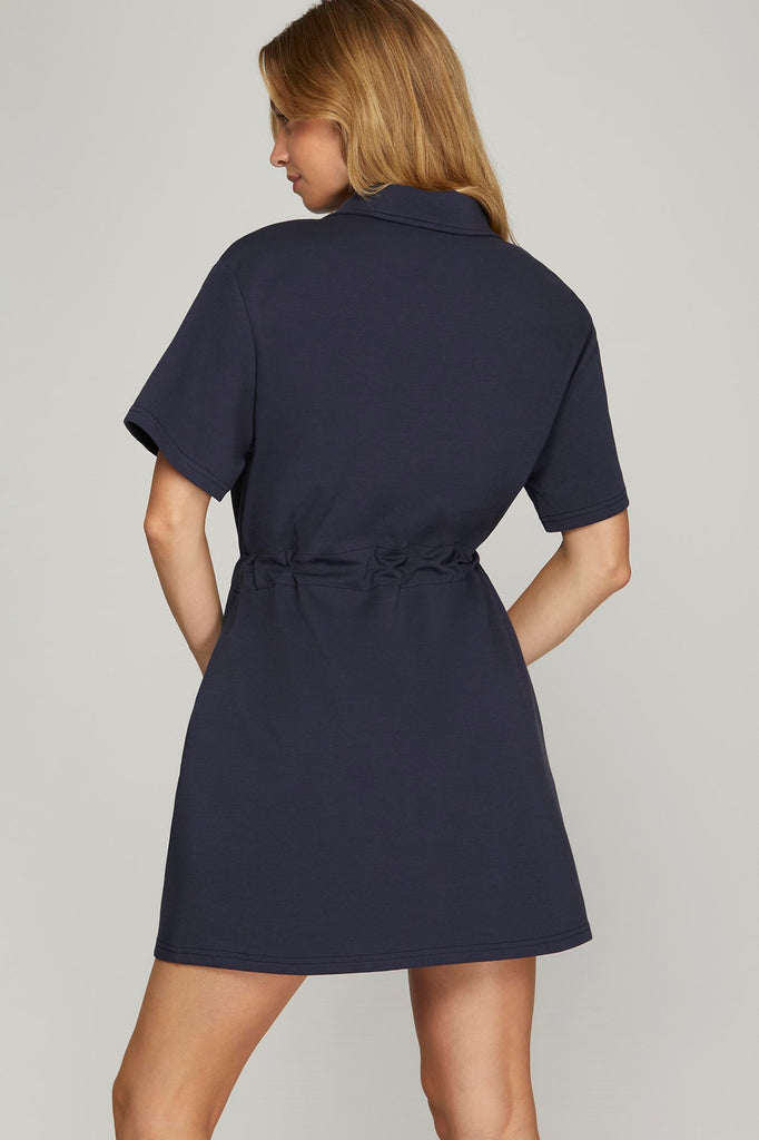 navy blue scuba dress Navy Blue Scuba Dress with Piping and Self-Tie