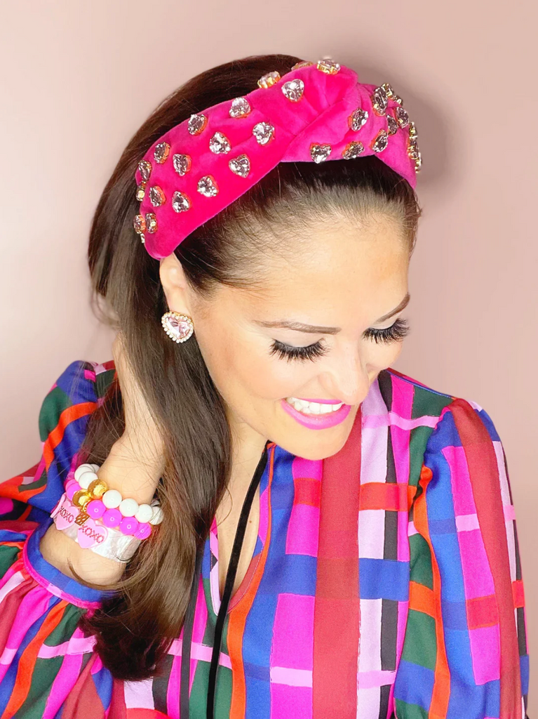 Hot Pink Velvet Headband with Crystal Hearts Accessories Brianna Cannon   