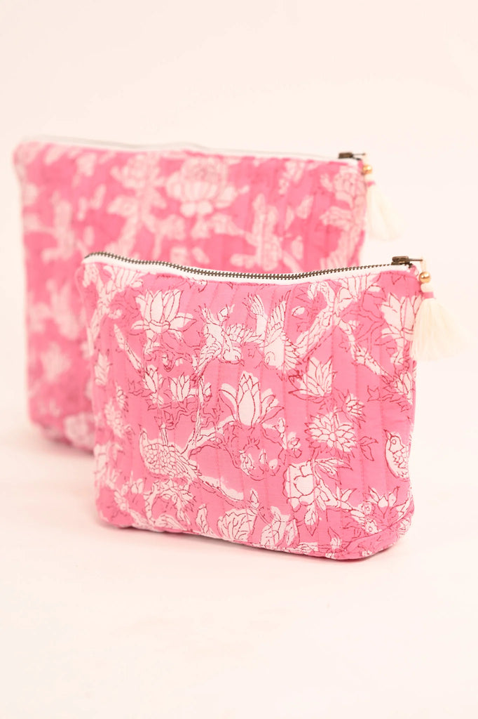 Zipper Pouch Set of Two Bags Peacocks & Pearls Olivia Pink
