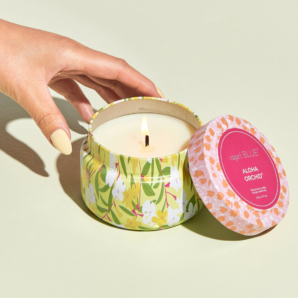 Aloha Orchid Pattern Play Travel Tin Candle Home Capri Blue 8.5 oz