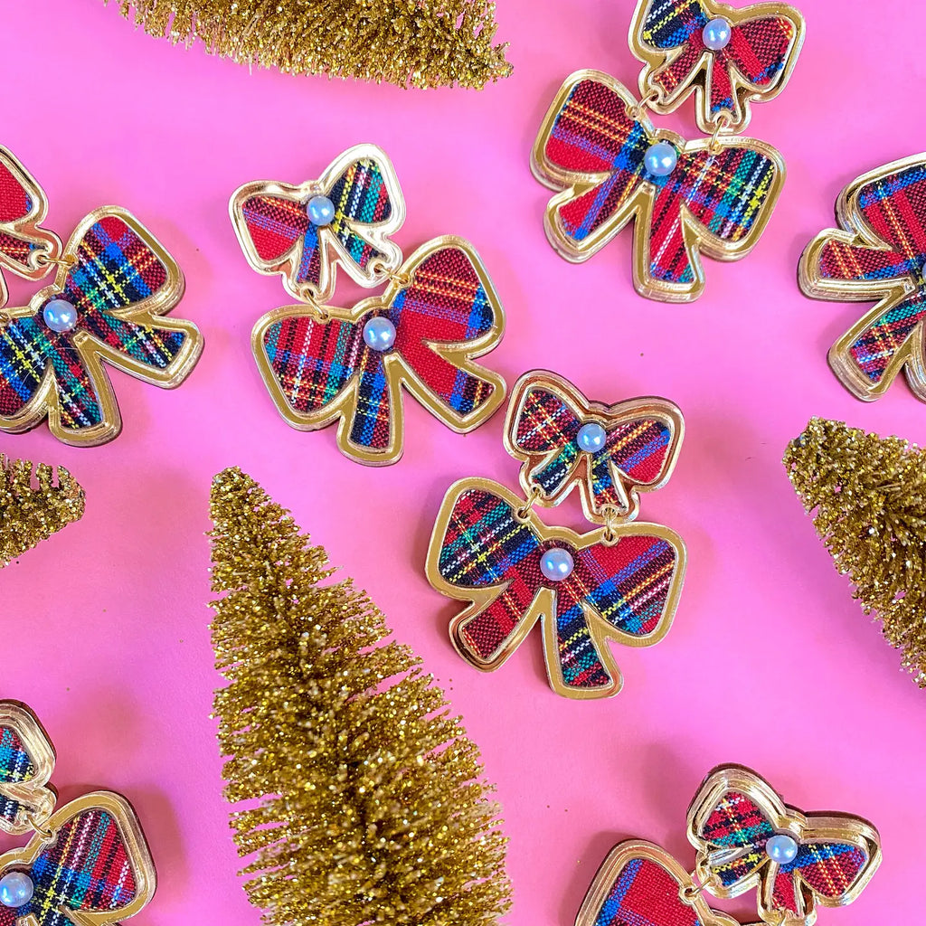 Tartan Double Bow Earrings Sale Peacocks & Pearls