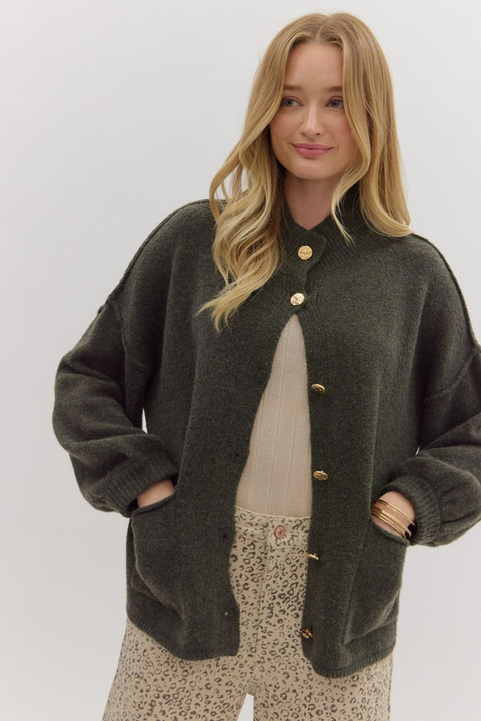 Claire Oversized Cardigan Clothing Peacocks & Pearls Olive S
