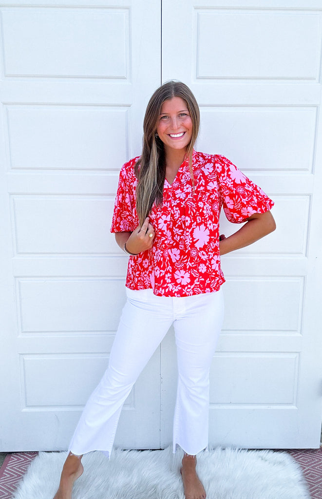 The Carolina Blouse Clothing Peacocks & Pearls Red XS 